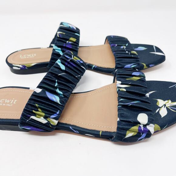 Lewit Size 36.5 Navy Blue Elena Floral Square Toe Sandals Satin Slide Ruched 6.5 - Picture 6 of 13